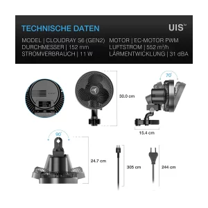 CLOUDRAY S6, GEN 2, Growzelt-Clip-Ventilator 150 mm, EC-Motor, automatische Oszillation, 10-stufigen dynamischen Windmodi und Lüftergeschwindigkeiten – Bild 2